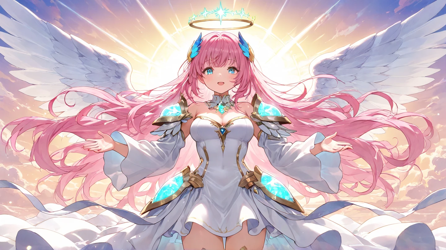 A serene angelic woman with flowing pink hair cascading down her back and sparkling blue eyes filled with kindness. A golden halo radiates softly above her head, illuminating her gentle features. She has two large, majestic white wings elegantly wrapped around her body, giving a sense of warmth and protection. She is adorned in a flowing white robe that glows with a celestial light, enhancing her ethereal presence. The background is a soft, heavenly light with subtle hints of pastel colors, adding to the divine atmosphere.
