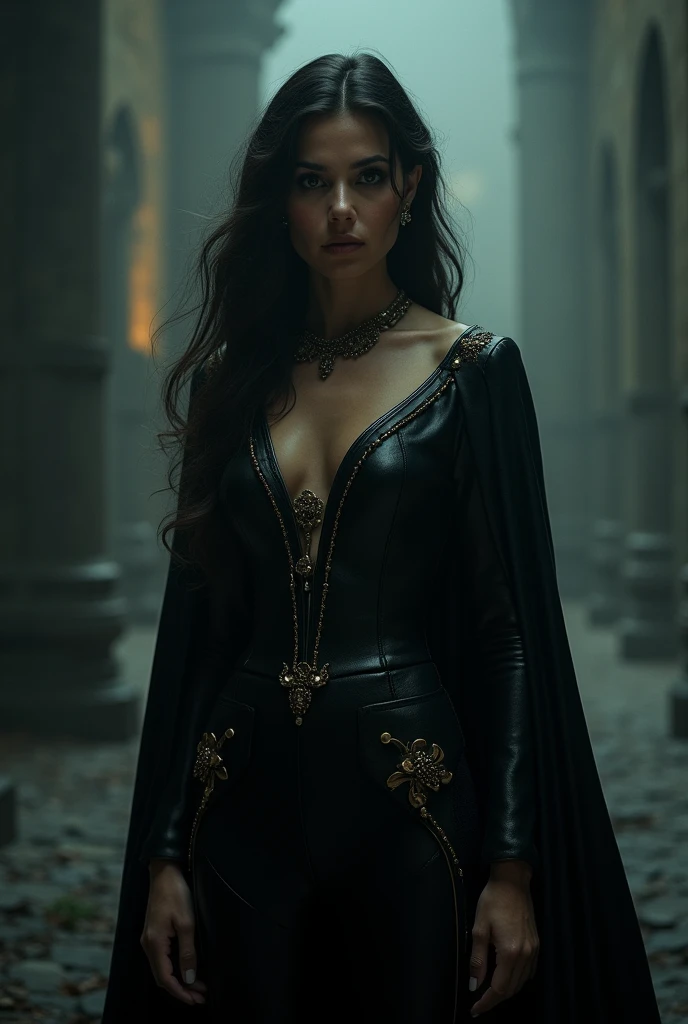 (masterpiece, top quality, best quality, official art, beautiful and aesthetic:1.2), (1girl:1.3), long and curly dark brown hair, extremely detailed, portrait, looking at viewer, solo, (full body:0.6), detailed background, close up, mischievous eyes, (warm summer castle theme:1.1), sorceress, charlatan, smirk, mysterious, walking in courtyard, revealing dark red sorcerer attire, red skirts, off shoulder, long sleeves, loose sleeves, cloak, corset, black leggings, black trousers, black pants, long brown boots, buckles, straps, pouches, magic energy, red fabric, white trim, ((((gigantic breasts, cleavage, skindentation)))), slim waist, slim hips, long legs, medieval (castle exterior:1.1) background, dark mysterious lighting, shadows, magical atmosphere, dutch angle