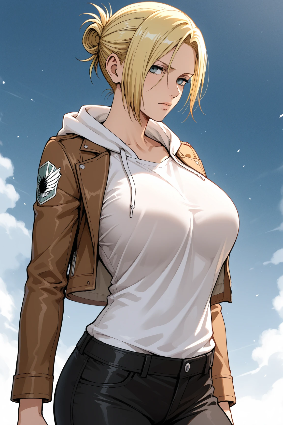 (bestquality, masterpiece), AnnieAOT, solo, hood, hoodie, paradis_military_uniform, jacket, uniform, big breasts, plump, perfect body, badge, feathers