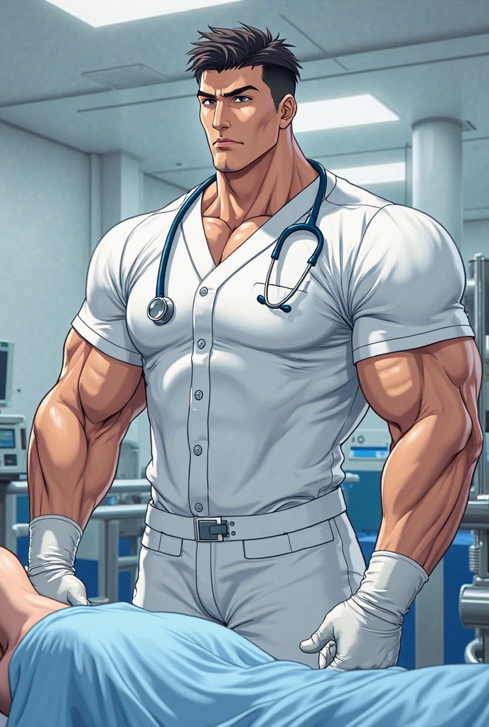 handsome doctor, hospital, stethoscope in neck, cute, muscular, hairy(stocky), dadbody, hairy chest, hairy arms; having anal sex with male Patient from behind