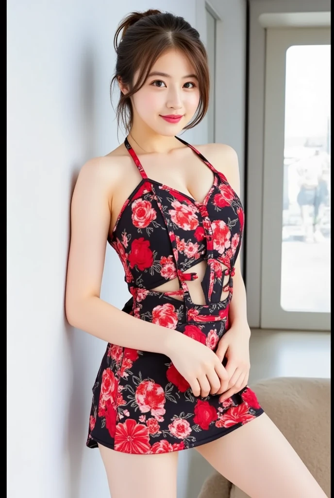 masterpiece, Highest quality,16K, Ultra-high resolution,The light and shadow of reality,Cinema Lenses,(Very skinny),(Very large, firm, beautiful breasts),((Her waist is so slim and beautiful)),((She has outstanding style)),(Pure white beautiful skin),((Large, clear, beautiful eyes)),((Her face is very small)),((Cute Japanese Girls)),((She is wearing a red tartan camisole dress.)),((Enjoying a barbecue on the river)),(Sexy pose),(Beautiful Eyes:1.1),Reflecting clear eyes and a gentle smile,