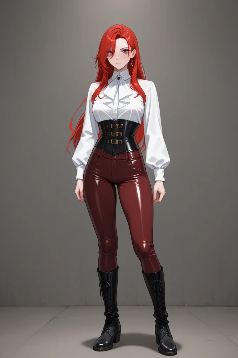 A girl with long cherry-red hair, white porcelain skin, sexy figure, thin waist, slender legs. Hourglass figure. Fantasy world. Fantasy clothing consisting of a shirt, trousers, vest and leather boots. From head to toe.