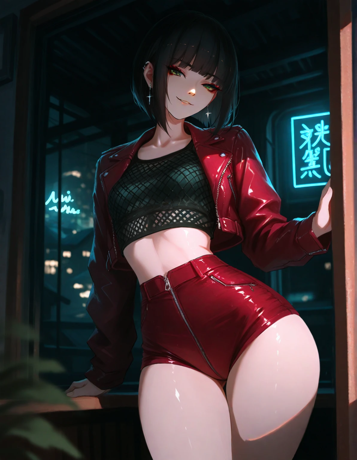 (solo:1.7),(masterpiece), (best quality:1.3), ultra detailed, intricate, professional art, digital art, absurdres, 1girl, (Naked:1.1), wet pussy, no pants, smirk, black hair, short hair, headband, showing armpits, showing pussy, cute face, sharingan eyes, sarada_uchiha, in doors, furniture, thick thighs, small breasts, bubble butt, frontal view, wide hips, arm gloves, stockings,