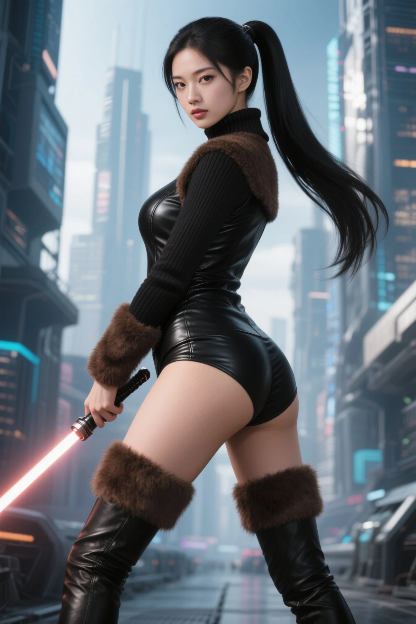 a lovely woman, sexy business attire, confident stance, wielding laser sword, ramen advertisement "obliterate your hunger", hyper detailed, 8k, photorealistic, cinematic lighting, neon colors, cyberpunk, dynamic pose, dramatic angles, chiaroscuro, vibrant colors, hyper detailed