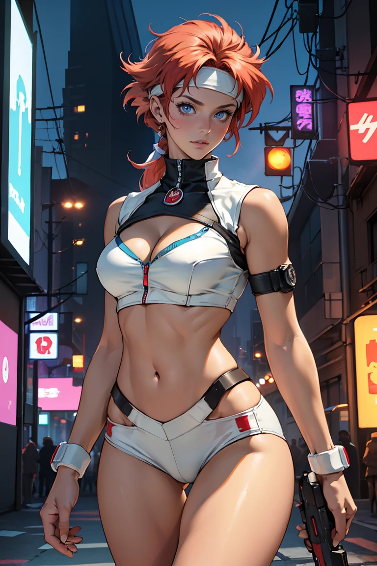 ((Masterpiece, highest quality; 1.3)), super quality, beautiful detail, super detailed, extra fine, 16K, exquisite, absurd, high resolution, beautiful background, detailed background, beautiful eyes, beautiful skin, anime style, Kay from Dirty Pair in a white outfit, tight outfit, cleavage, bushy redhead beauty, very light blue uniform, wearing tight clothes, skimpy, (mid chest: 1.2), cleavage, cleavage, slim waist , thin waist, slim thighs, thin legs, slim legs. thigh gap, showing stomach, skinny, thin hips, cyberpunk city background, holding retro space gun , headband,