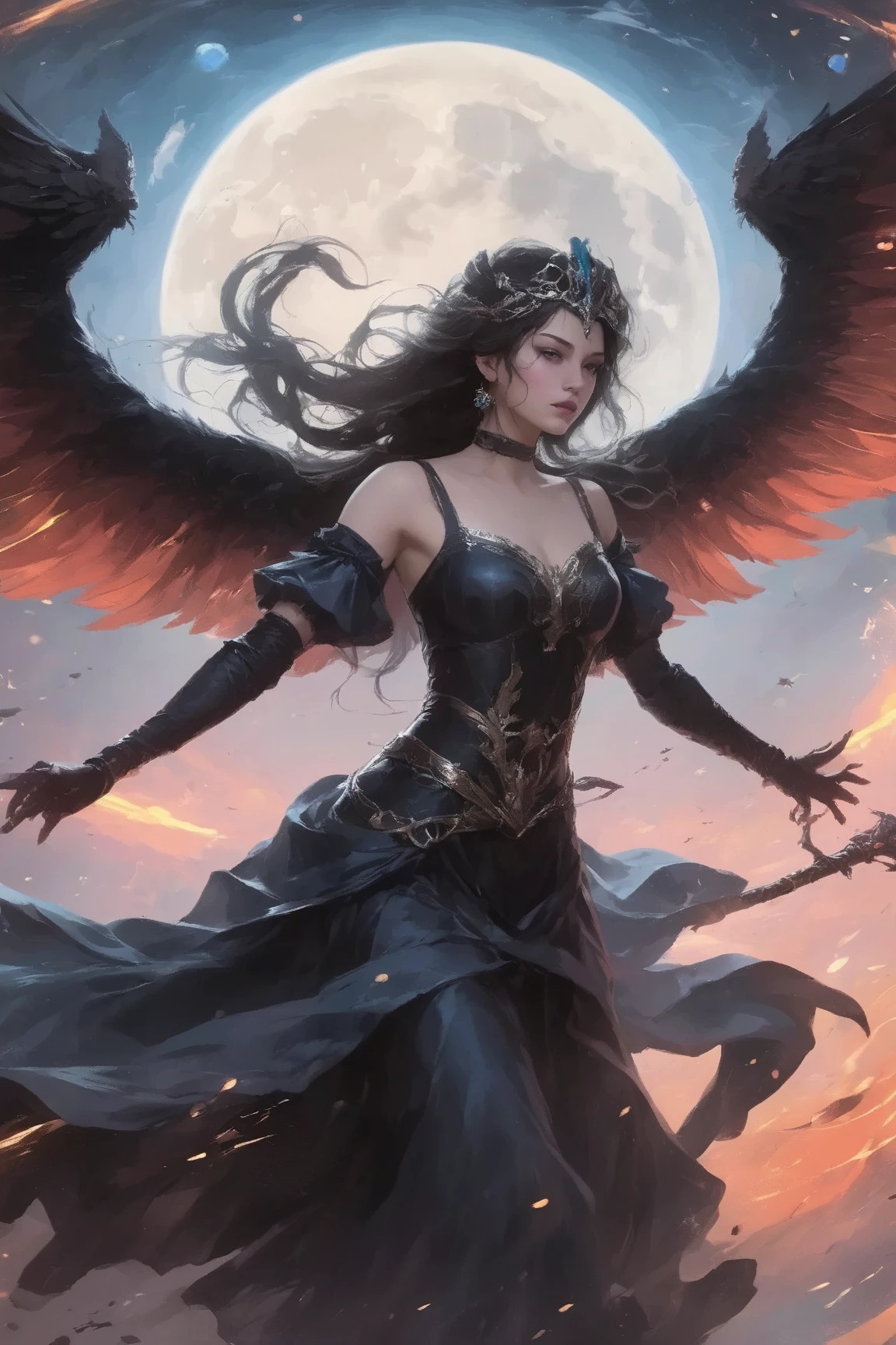 ((best quality)), ((masterpiece)), (detailed), A digital illustration of a furious woman in a light peach color princess dress with long black hair flying in the air surrounded by monsters, with a tornado and lava in the background 