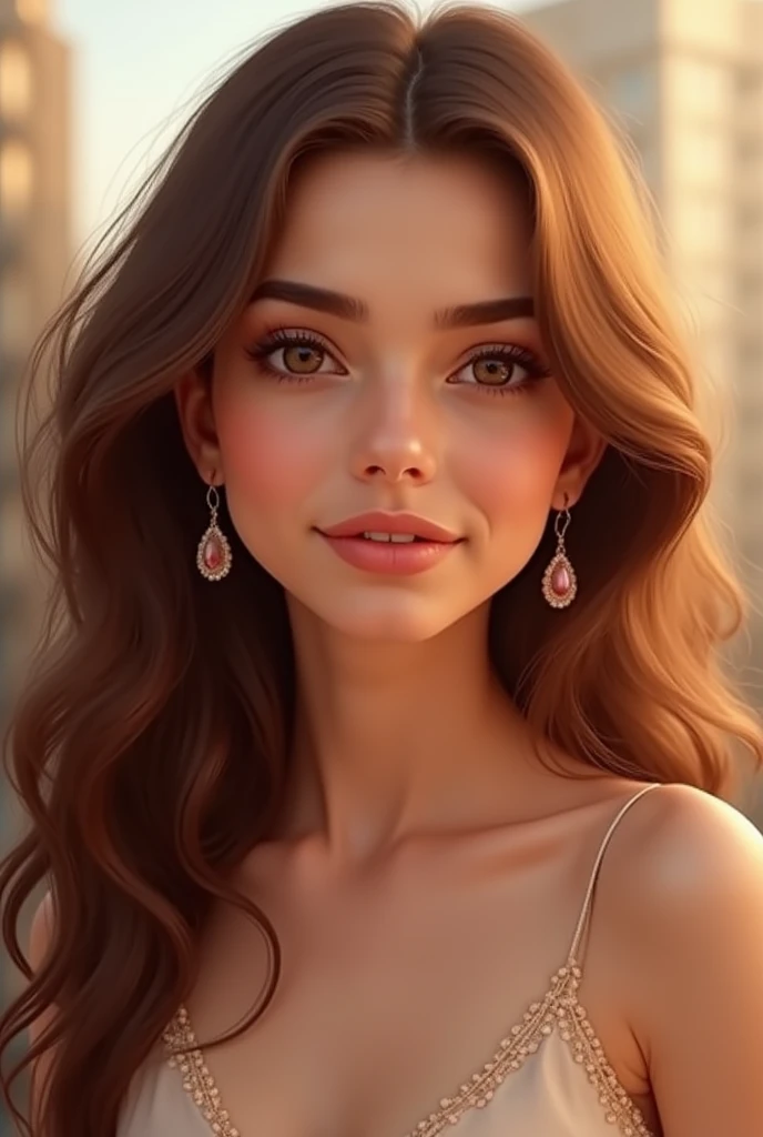 woman, fashion model, wearing pink off-shoulder top, glamour, dark hair, brown eyes, 8K, high quality, masterpiece, best quality, G cup, HD, very detailed, volumetric lighting, photorealistic, smile
