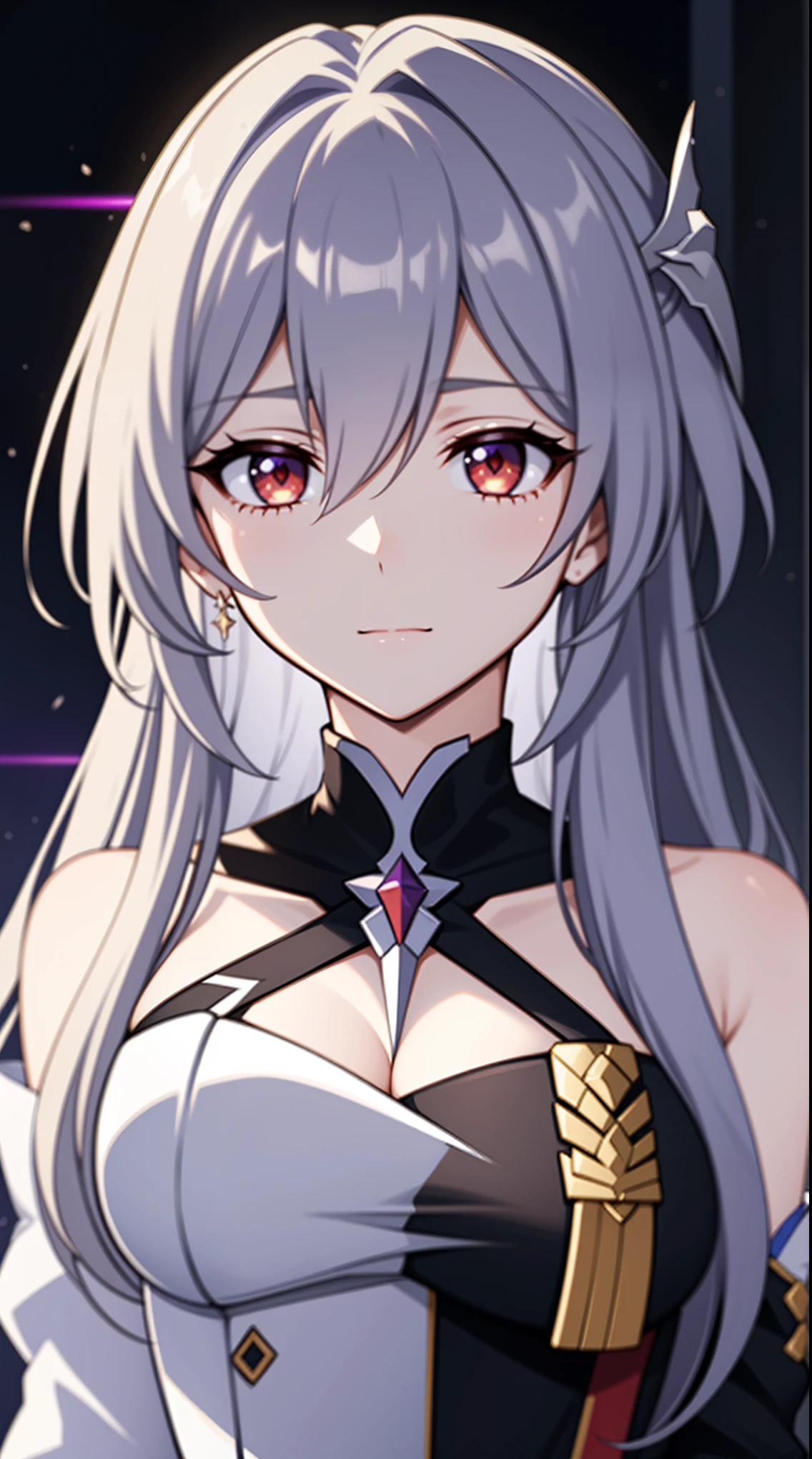 (high-quality, breathtaking),(expressive eyes, perfect face) portrait, 1girl, female, solo, adult woman, Symmetrical Eyes, age late 20, red eyes, long hair length, soft wavy flowy hair, loose hair, side bangs, looking at viewer, happy expression, white skin, elegant, regal, Stelle Honkai Star Rail, Acheron Character Honkai Star Rail, Path of Nihility, black background, white and dark purple color hair, death theme, black coat with gold trim, coat