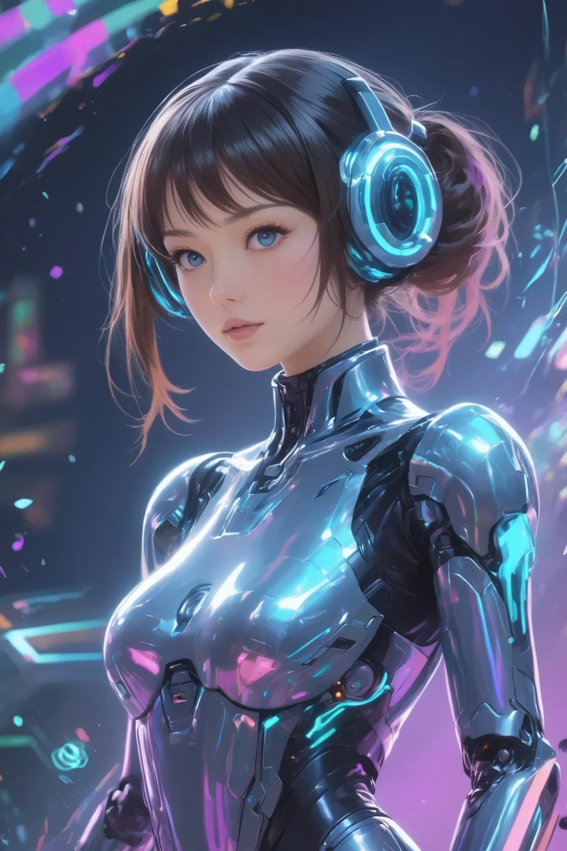 a cute woman, sexy skin-tight bodysuit, cybernetic data-ports, neon chrome color scheme, future tokyo, posing next to a matching cyber super mecha, masterpiece, best quality, 8k, hyperrealistic, extremely detailed, cinematic lighting, volumetric fog, dramatic atmosphere, intricate details, photorealistic, digital art, concept art, sci-fi, cyberpunk