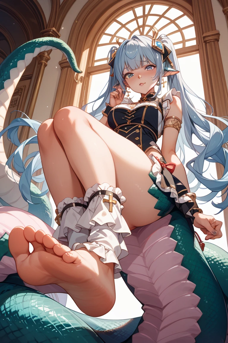 (masterpiece, best quality:1.2), extremely detailed, detailed hair, intricate details, finely detailed, [[soft lighting, volumetric lighting]],  looking at viewer, muscular, muscular female, huge breasts, frilled (turtleneck), cropped-jacket , , (hair over one eye, sidecut , topknot, orange hair ,streaked hair ,okappa), surprised , sweat, , , blush, lipstick, makeup, one eye closed,( licking lips:1.2), tongue,( tongue out:1.2), (sunset ), 2girls, solo, black hair, hairband, belt, short hair, grey eyes, green hairband, blind, chinese clothes, hair bun, green dress, short sleeves, pelvic curtain, barefoot, fighting stance, outdoors, rock, curvy, sweating, oily, detailed, foot, toes curled