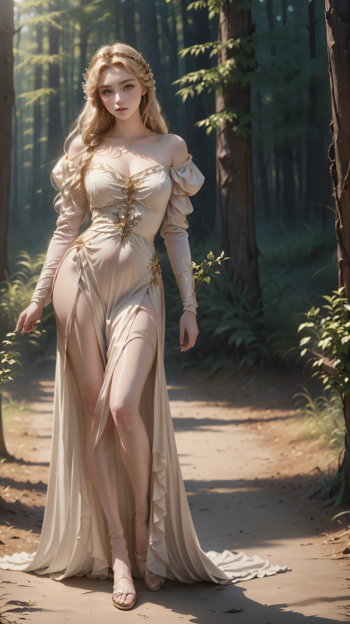 three beautiful blond women in dresses standing in a forest, beautiful Fadas, Fadas, fotorealista disney, three futuristic princes , romantic fantasy movie , fadas, beautiful avatar pictures, beautiful fantasy art, beautiful girls, Annasophia Robb as Aphrodite , re-raphaelite Fadas, sirenes, foto promocional, arte oficial, Disney realistic photo, promotional film still, Belle, PERSEPHONE, (fullbody:1.8)