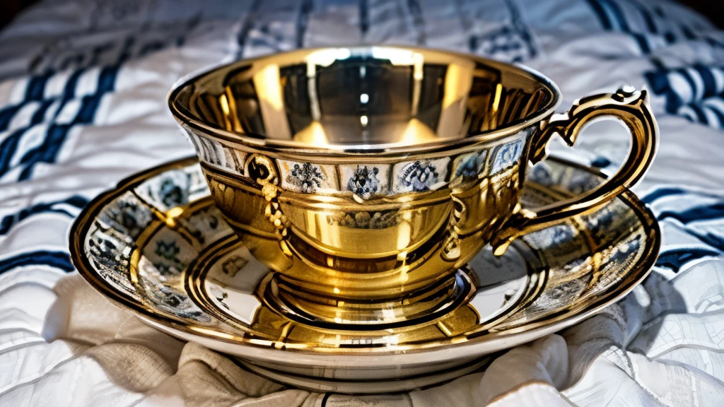 There is a cup and saucer with a gold finish, regency-era,  Cup of tea , lindamente pintado,  impressive and rich in detail , beautiful girl, finamente pintado, conjunto 1 8 6 0, Elliot Alderson, detalhe requintado, in style of euohan grenier, cranbow euenkins, porcelana, eu. Dickens - What is Dickens ?, eu.  Dickens - What is Dickens ?