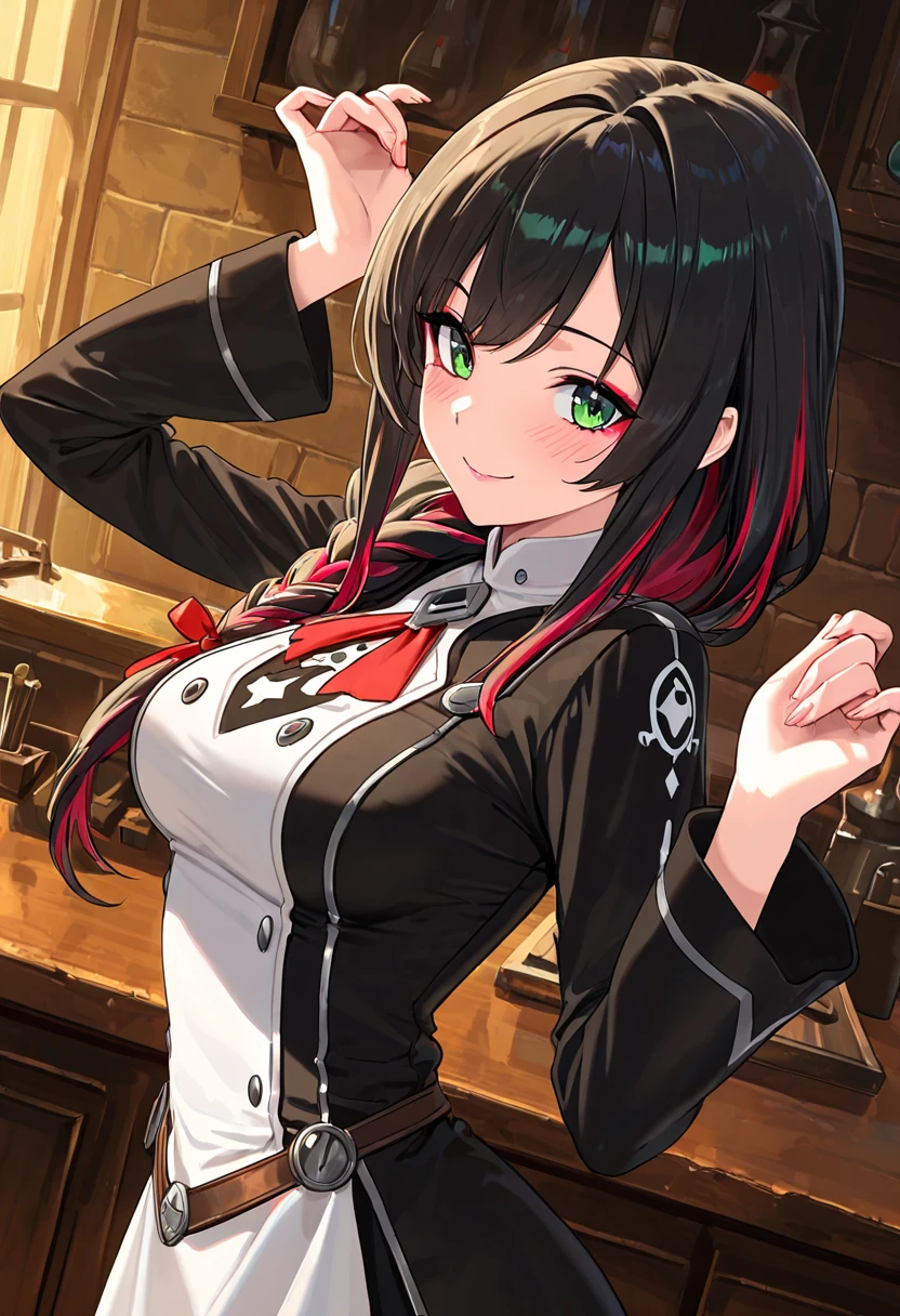 Black dress, 1girll, Breasts, Solo, Long hair, Large breasts, mitts, Black hair, pony tails, Fingerless gloves, cleavage, Red eyes, side locks, Blush, Black gloves, golden hairband, view the viewer, Simple background, yahagi (kancolle), Earrings, shairband, Cowboy shot, hair adornments, Closed mouth, Very long hair, Green background, bangs, hair between eye, Gold earrings,  black thighhigns,