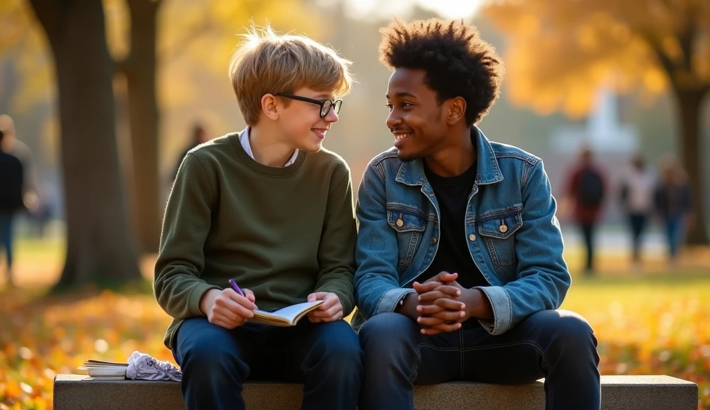 a young black man sitting at a bus stop and a wearing glasses next to him, a white boy talking to the boy sitting down