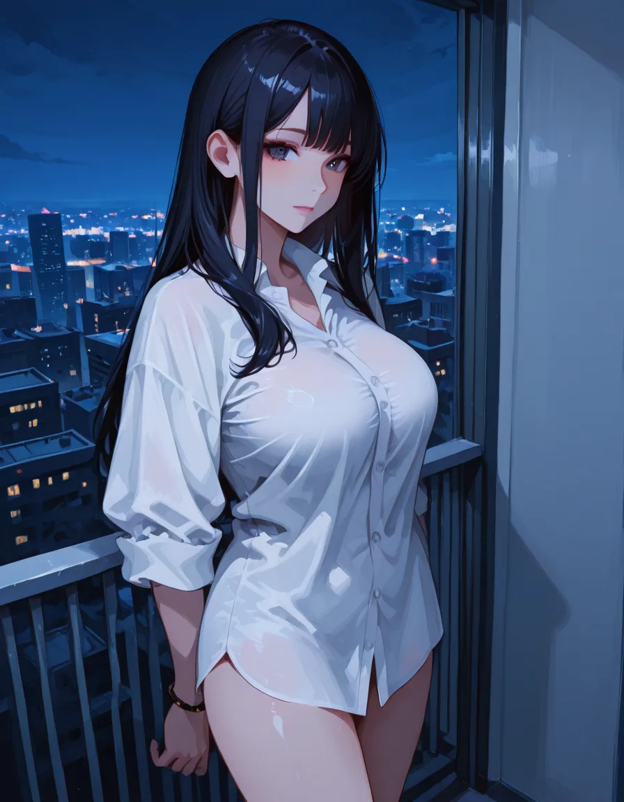 highres, 4k, best quality, masterpiece, shiny skin, nsfw, woman, thick thighs, laying down, big sized breasts, wearing tight pyjamas, a woman inside a room with an arafed view of a city from a bedroom with a bed and a window, rooftop romantic, rainy evening, cozy atmospheric, rainy afternoon, cozy room, cozy place, rainy night, romantic atmosphere, cozy setting, rainy city at night, city at night in the rain, romantic ambiente, dreamy and romantic, new york city