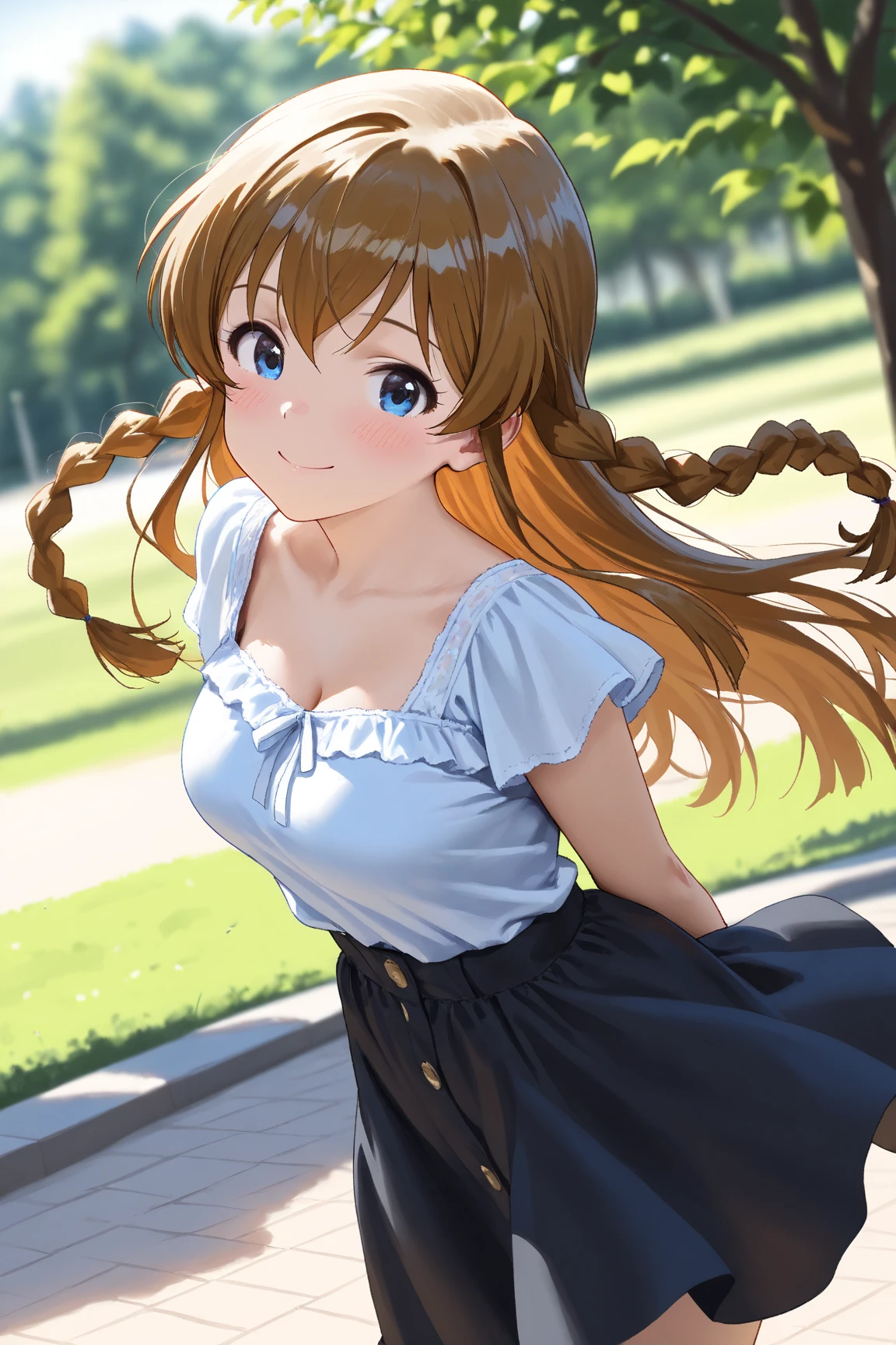 ore no imouto ga konna ni kawaii wake ga nai, 25-yers-old girl with crimson red hair- pulled up into twin ponytails, wearing a blue sundress with blue panties, country field background, 