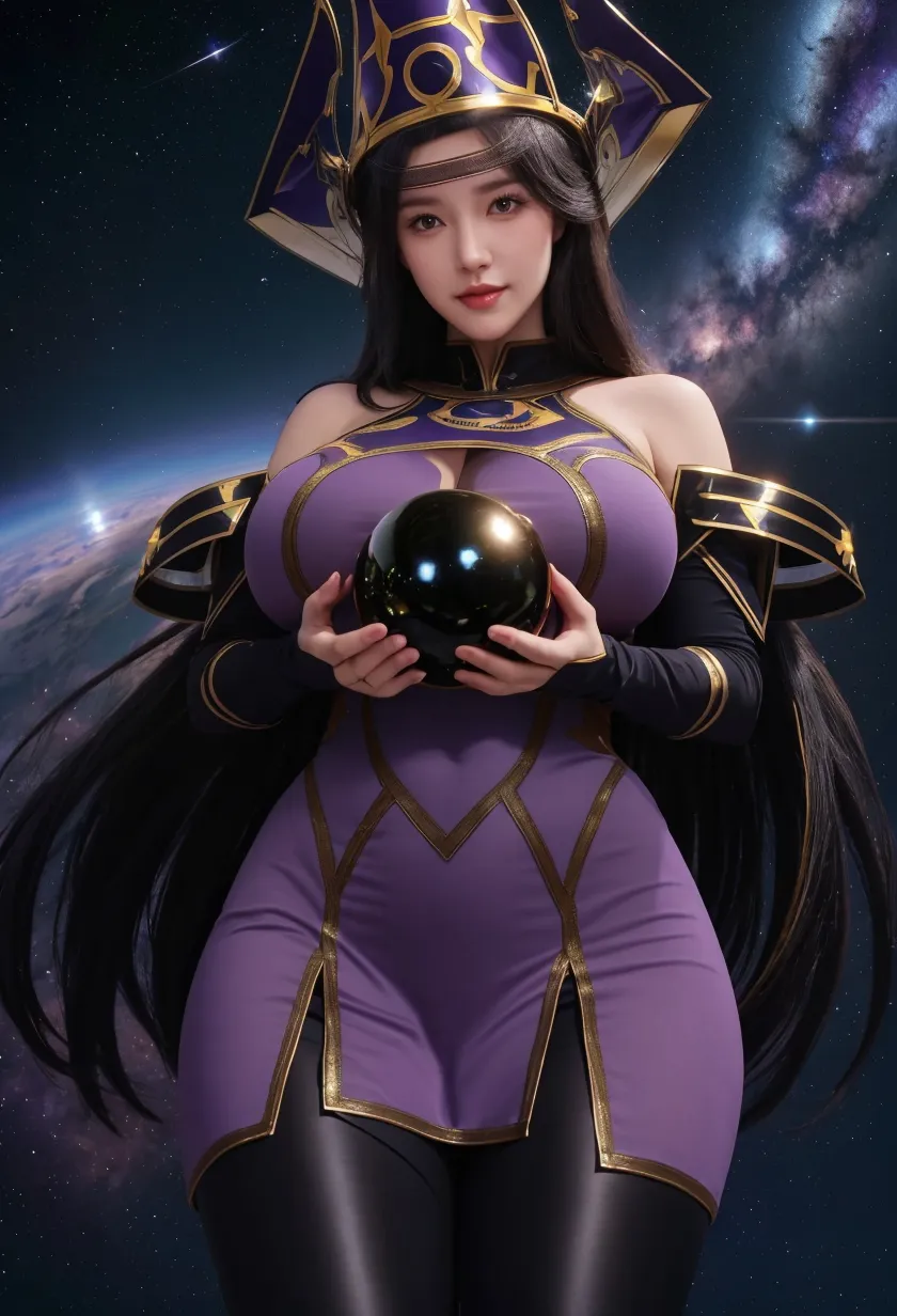 Hitomi Tanaka as a female sorcerer in a violets minimal sexy outfit is calling down the power of the sun and moon to make you love her. Magic in air. Lewd Poses