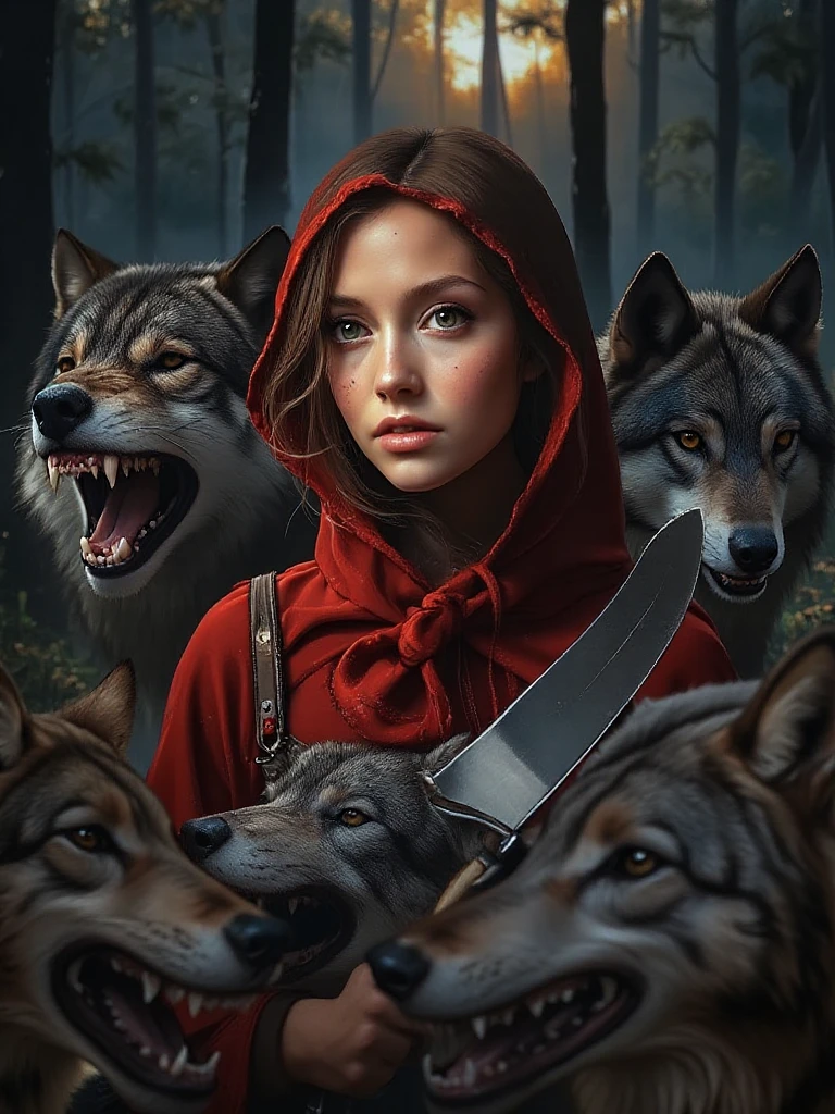 A sensual and lascivious Little Red Riding Hood, seductive and with a lustful look, wearing only a very short hood, while the wolf stalks her with evil intentions, nsfw, exposed, exposed breats