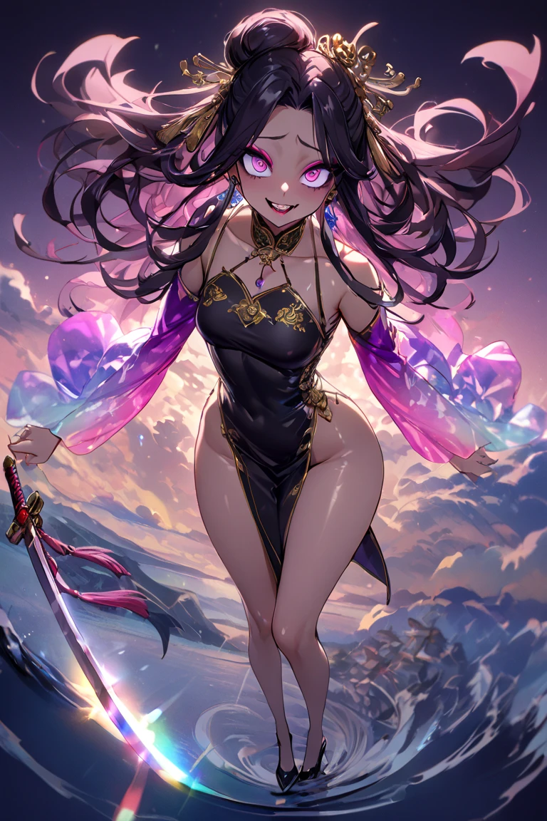 (1girl, solo, alone), (WakatsukiRisa, Sarada Uchiha, black hair, short hair, black eyes, red glasses), ((solo, (1woman, pink lipstick, (small breasts), black eyes), Extremely detailed, ambient soft lighting, 4k, perfect eyes, a perfect face, perfect lighting, a 1girl)), austere, ((colorful, psychedelic, vibrant, stunning, (sexy:1.1) alluring, (goddess:1.1) divine, girl, gorgeous face, show full body, amethyst crystal armor, covers the goddess's body, magical atmosphere, blessing pose, action pose, (2d illustration:1.1), surreal, mysterious, mesmerizing, intricate, dreamlike, enchanting, captivating, ethereal, magical, (tranquil expression:1.1), otherworldly, (natural beauty:1.1), (expressive:1.1) eyes, graceful, (dreamy atmosphere:1.1), Shards of Amethyst floating in the air, shards of crystal floating in circles around the girl's head))
