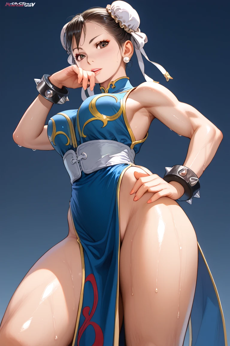 (high resolution, pixel perfect, gorgeous illustrations), (hyper quality, muste piece, etheric: 1.4),(solo:1.4), (((very short hair))), pale skin, (((((((muscular))))))), ((thick thighs)), (((wide hips))), ((Big breasts that are about to burst)), (((woman))), ((((mature woman)))), ((China dress)), (leotard), (lewd girl), ((gray background)), (shiny skin), ((overexposure)), ((facial lash)), ((Squat with both knees upright、spread your legs:1.5)), (raise both arms behind your head:1.5), (((UnderButt))), ((look down, looking at the viewer)),