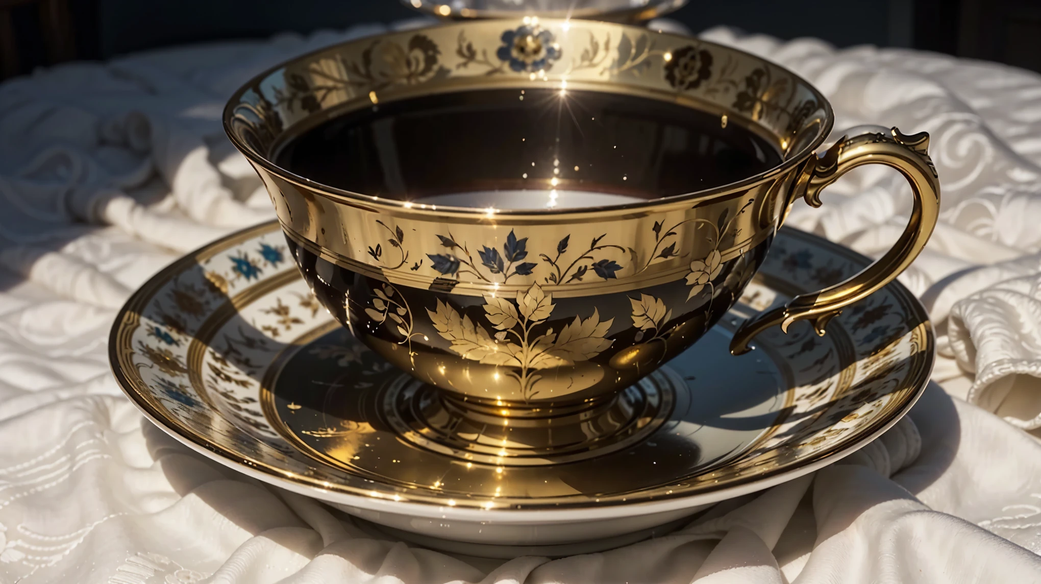 There is a cup and saucer with a gold finish, regency-era,  Cup of tea , lindamente pintado,  impressive and rich in detail , beautiful girl, finamente pintado, conjunto 1 8 6 0, Elliot Alderson, detalhe requintado, in style of euohan grenier, cranbow euenkins, porcelana, eu. Dickens - What is Dickens ?, eu.  Dickens - What is Dickens ?