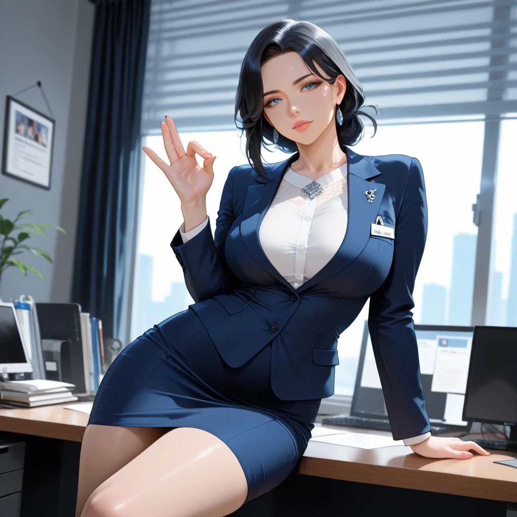 masterpiece, best quality, ultra-detailed, high contrast, realistic,(1woman),beautiful detailed eyes, looking at viewer,muscle thighs, tattoo, chest tattoo,( thigh tattoo, 1.1), sternum tattoo, White hair, bob cut Hair. CEO, professional, blue blazer, women’s suit jacket, professional skirt, glasses, secretary, office building, flirty, back arched, Rolex, Cartier, wealthy, jewelry, boss