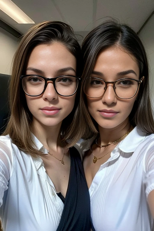 ((best qualtiy, 8k, tmasterpiece:1.3)), sharp:1.2, two girls,（full body1.2）perfect figure beautiful woman:1.4, Slim abs:1.2, ((Layered Hair Style, huge tit:1.3)), (Long shirt with wet white buttons：1.1），（Sateen，the street：1.2），Get wet：1.5，Highly detailed facial and skin texture，detailed eyes，double eyelid，Look sideways at the camera, sexy glasses, choker, photo by arny freytag