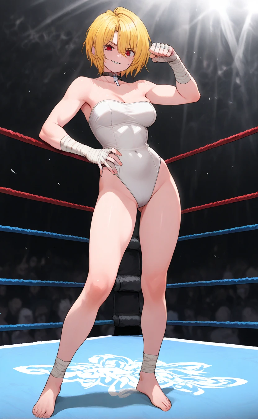 full body photographed、​masterpiece、top-quality、hight resolution、Bery short hair、silber hair、large blue eyes、weak、White high leg cut swimsuit、white sporty boots、Sweaty skin、Professional wrestling venues、professional wrestling、（（On the ring of professional wrestling：1.1））、Red face、20 year old woman,Young Woman's （（She's standing：1.2））、（large full breasts:1.2）、sullenness