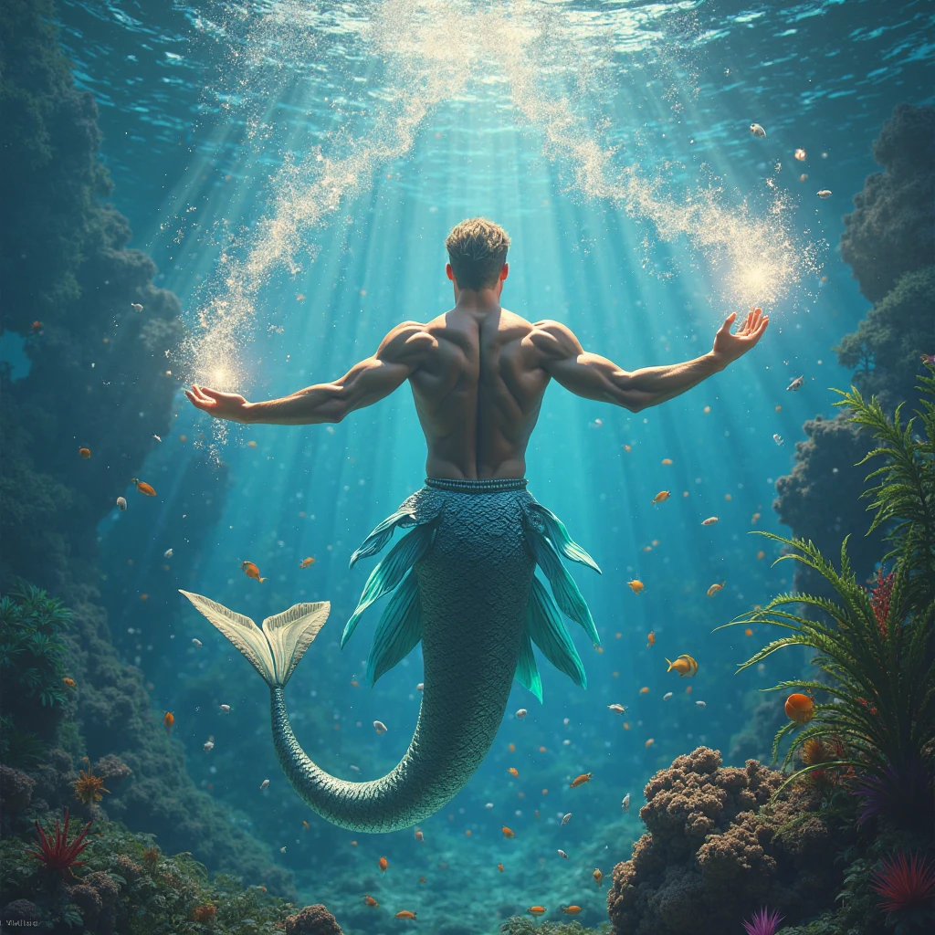 Homme-poisson, musclée et beau, avec des nageoires sur son corps, avec des écailles nacrés, Oreilles d'elf , nageoire caudale et dorsale visible, avec des jambes,