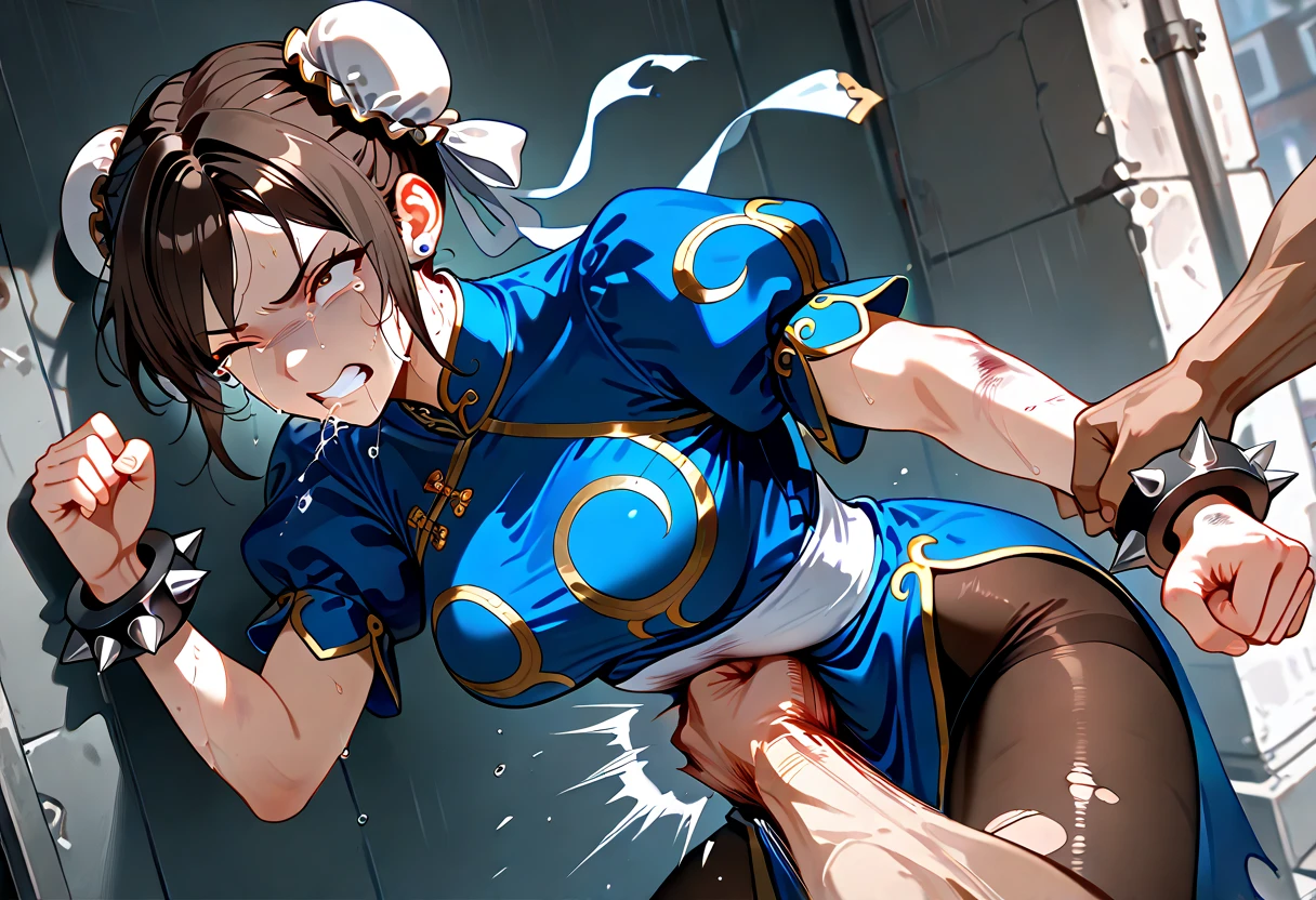 master piece, best quality, best detailed, NFSW, facehugger, monster, chun-li, sf2 chun, hair buns, covered buns, chinese dress, qipao, blue outfit, puffy sleeves, (torn:1.3), huge saggy breast, black hair, weakness, convulsions, sticky liquid on body, tied to wall, shackled tentacle,
