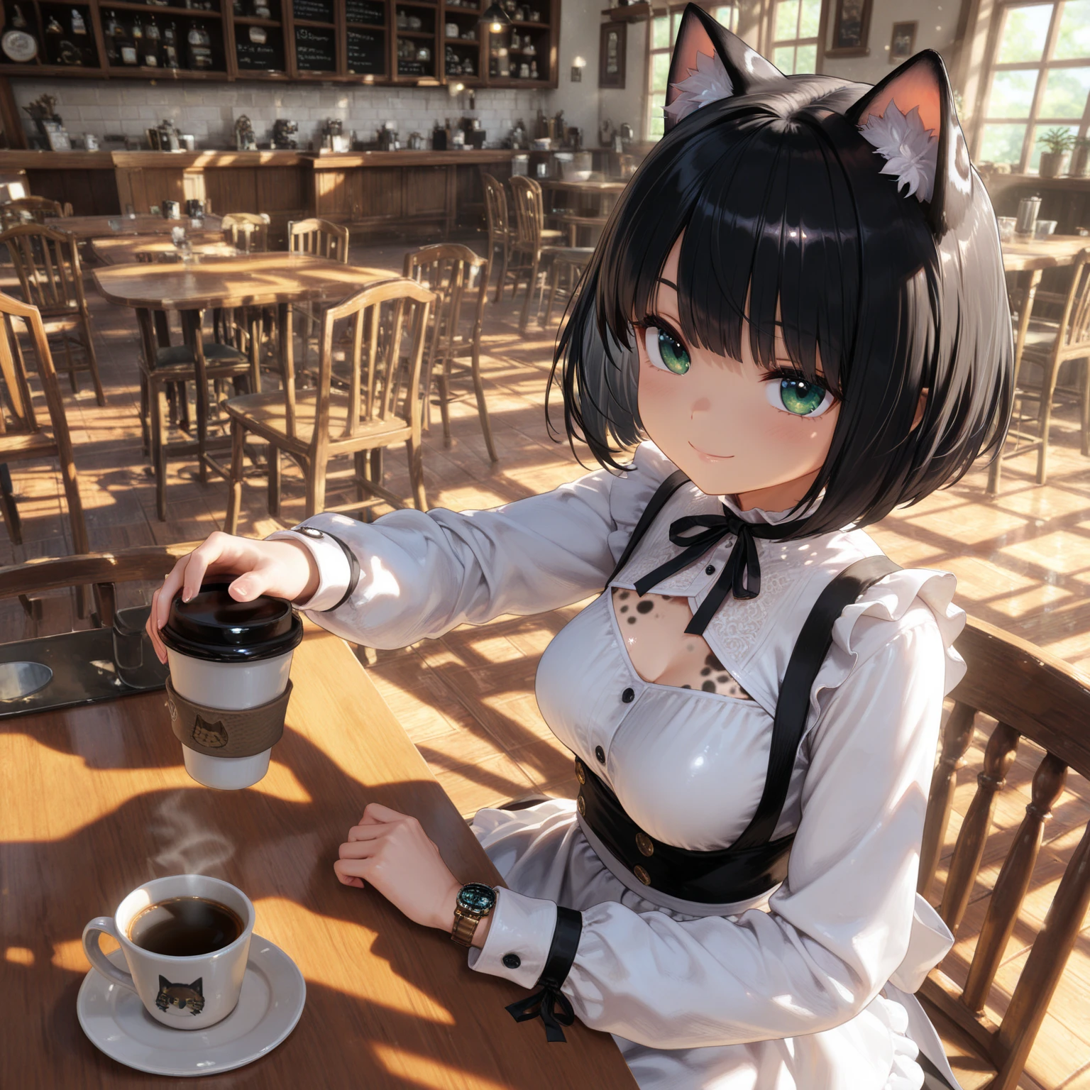 (masterpiece), (best quality), (intricate_details:1.1), (finely detailed:1.4), (distinct_image:1.2), (cafe background), 1girl, cute, (face focus), shiny red eyes/black hair, cat ears, vine, smooth lighting, shirt,