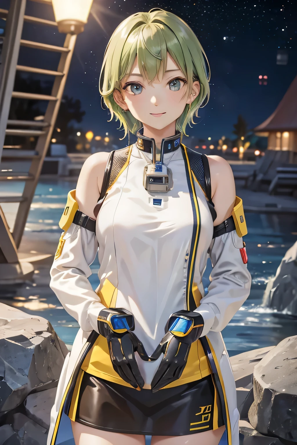 spaceship, Captain Future, comet, Extremely detailed and beautiful design, illustrations, masterpiece,best quality, high resolution, 8k, sf, SPACE FANTASY, Extremely beautiful、Skillfully designed , Very Fine and Beautiful Colors , anime girl with short green hair and warm brown eyes up to the shoulder, Sleek , Black and yellow astronaut clothes、Metal patch on the shoulder. the space galaxy is visible in the background Planet, SPACE FANTASY, comet,