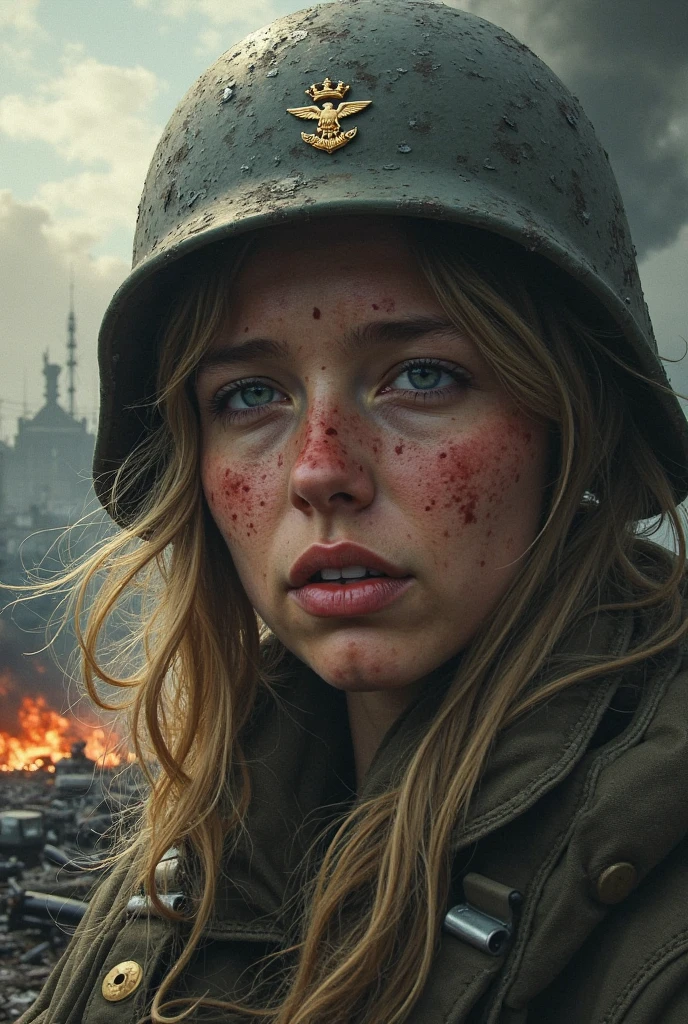 Helen Skelton, First World War, close-up action shot from ground level, naked British soldier, crazed expression, sweating, damp blonde hair, bloodied and bruised, barbed wire, on a bloody battlefield, explosions, fires