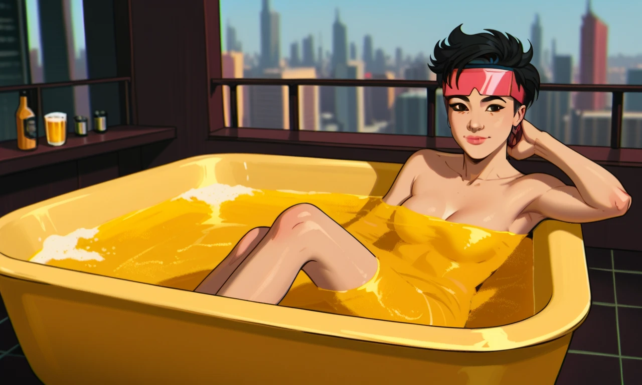 Relaxed black girl wearing a sport bra enjoying a tranquil bath surrounded by an assortment of colorful pills, buzzcut