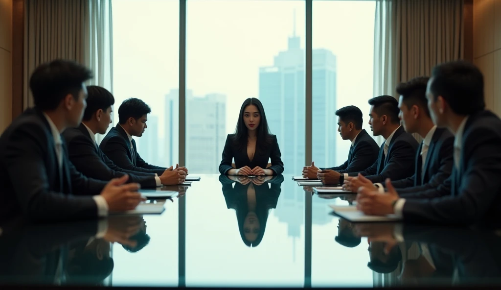 In a sleek, modern boardroom filled with executives seated around a large, polished glass table, Lady Vivienne Hawthorne, a commanding and sophisticated 40-year-old billionaire, is subtly provoking and teasing Alex Tanaka, her young 1 intern. The boardroom is an elegant space with floor-to-ceiling windows offering a breathtaking view of the city, while the room itself is filled with the quiet hum of business discussions.
Vivienne, dressed in an impeccably tailored suit with a low-cut blouse that hints at her curves, sits at the head of the table, exuding authority. As the meeting progresses, she engages with the other executives, but her focus is clearly on Alex, who is seated directly across from her.
Beneath the table, out of sight from the other attendees, Vivienne slowly slides her foot out of her stiletto and gently nudges Alex’s leg, her eyes never leaving his as she speaks with practiced ease to the others. Alex, dressed in a sharp suit, is visibly flustered, trying to maintain his composure as he feels the light, teasing touch against his leg. His eyes occasionally dart to Vivienne, his expression a mix of surprise, confusion, and undeniable attraction.
Vivienne’s gaze is filled with a knowing smile, her subtle actions under the table contrasting sharply with the professional demeanor she maintains in front of the others. The scene captures the tension between the two, as Vivienne uses the public setting to exert her power over Alex in a playful yet provocative manner. The other executives remain oblivious to the private game playing out between them, as the room is bathed in soft, natural light that adds to the atmosphere of controlled tension. Highly detailed, soft lighting, provocative and tense mood, 8K.