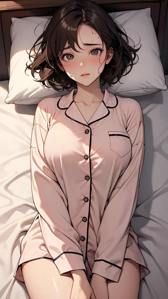 (mastepiece:1.2), detailed fingers, beautiful woman, sitting on bed, wearing loose off-shoulder top, pajama pants, short curly hair, indoors, soft lighting, plants in background, window with sunlight, cozy room, relaxed pose, intricate details, warm colors, Japanese high school girl, Stretch her arms up, yawn loudly
