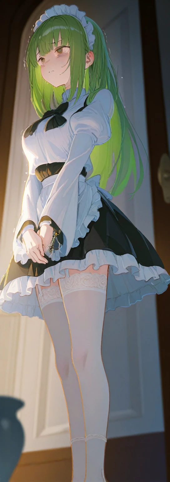 3DMM Style, (masutepiece, Best Quality), Intricate details, 1girl in, Solo, Green hair, flower hair clip, {Suspicious expressions}、Green dress、a short skirt、Angle from below、 Looking at Viewer,{{{skirt lift by yourself}}}、{{{white panties}}}、pretty Panties、{{Panties exposed}}、{{オマンコThe shape of the shape is clear}}、{{palpableオマンコ}}、{{{The panties are very see-through}}}、{{The panties are digging into the crotch}}、{{{{Pubic hair through panties}}}}、{{{{Green pubic hair}}}}