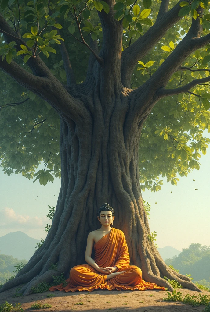 Siddhartha Gautama's Awakening: Depict Siddhartha Gautama meditating under the Bodhi tree at night, illuminated by a soft, ethereal light. The tree's massive roots and branches symbolize deep wisdom, and Siddhartha is portrayed in serene, focused meditation as he attains enlightenment. Surround him with a peaceful, natural setting, with soft moonlight filtering through the leaves.