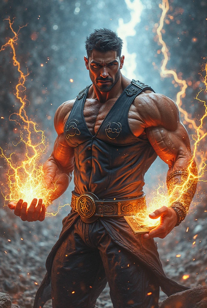 Tattooed god, manhwa style hyper realistic, handsome, hand reaching out to viewer, lightning in background, stubble NO BEARD