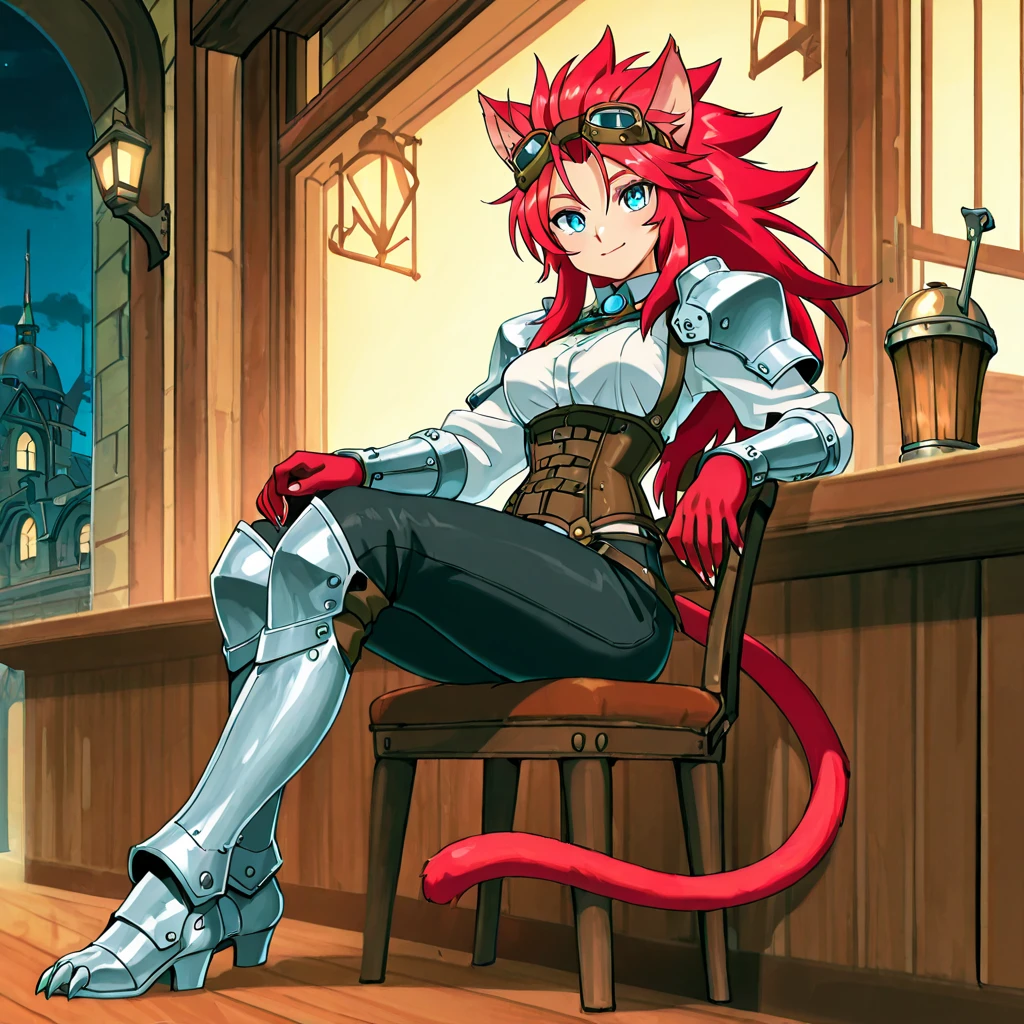 best quality, masterpiece, 2d, intricate details, anime, anime style, full body picture, catgirl, 1girl, red hair, spiked hair, blue eyes, enchanting eyes, wild hair, long hair, small smile, animal ears, red ears, red cat tail, cat ears, thighs, red hands, short claws, wearing steampunk armor, shoulder armor, wearing silver bracers, white shirt, corset, goggles on forehead, dark pants, silver armored boots with claws, sitting in a restaurant, at night,