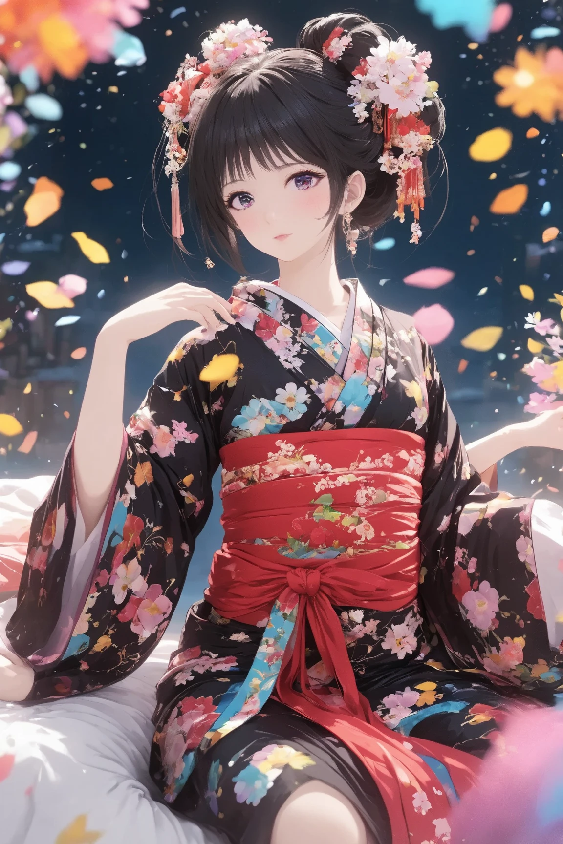 anime、, absolutely resolution, masterpiece, highly detailed, sharp focus, vivid colors, soft lighting, cinematic composition, Japanese Oiran, cool beauty courtesan, glossy silky flowing high layered hair, lewd expression, seduction, red lips, captivating eyes, make up, lewd great body proportion, cleavage, wearing open courtesan colorful Japanese kimono, red light district, various iridescent foggy glitter effects, extremely delicate depiction, extremely clear image, 2.5D, artistic photography, hyper realistic
