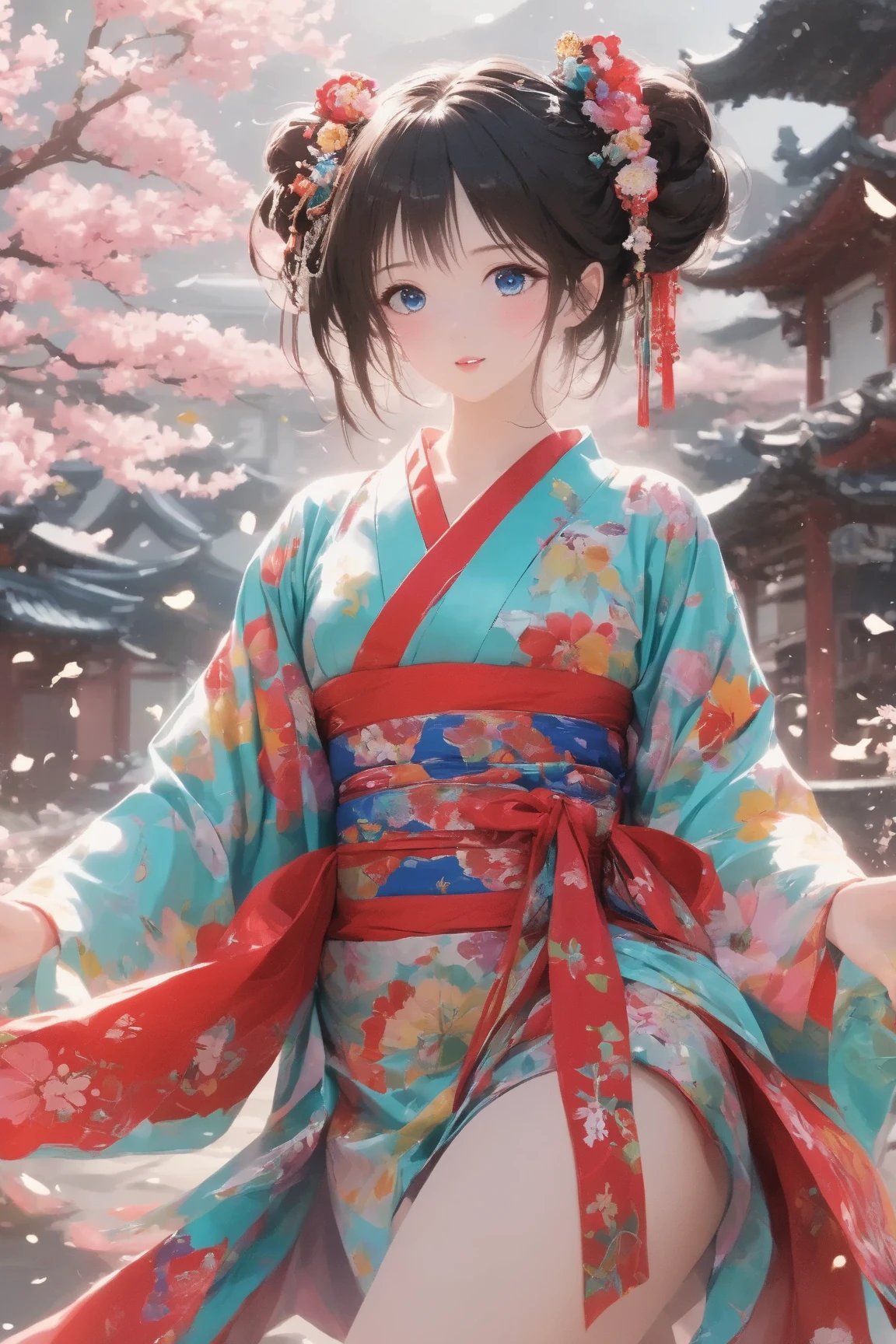 detailed face, cute face, Hanfu, One girl, Medium chest, Cleavage, Mountain, soaking feet, Sitting, Chinese park background,White knee socks,Shimizu,(feet:1.3), Too many flowers,