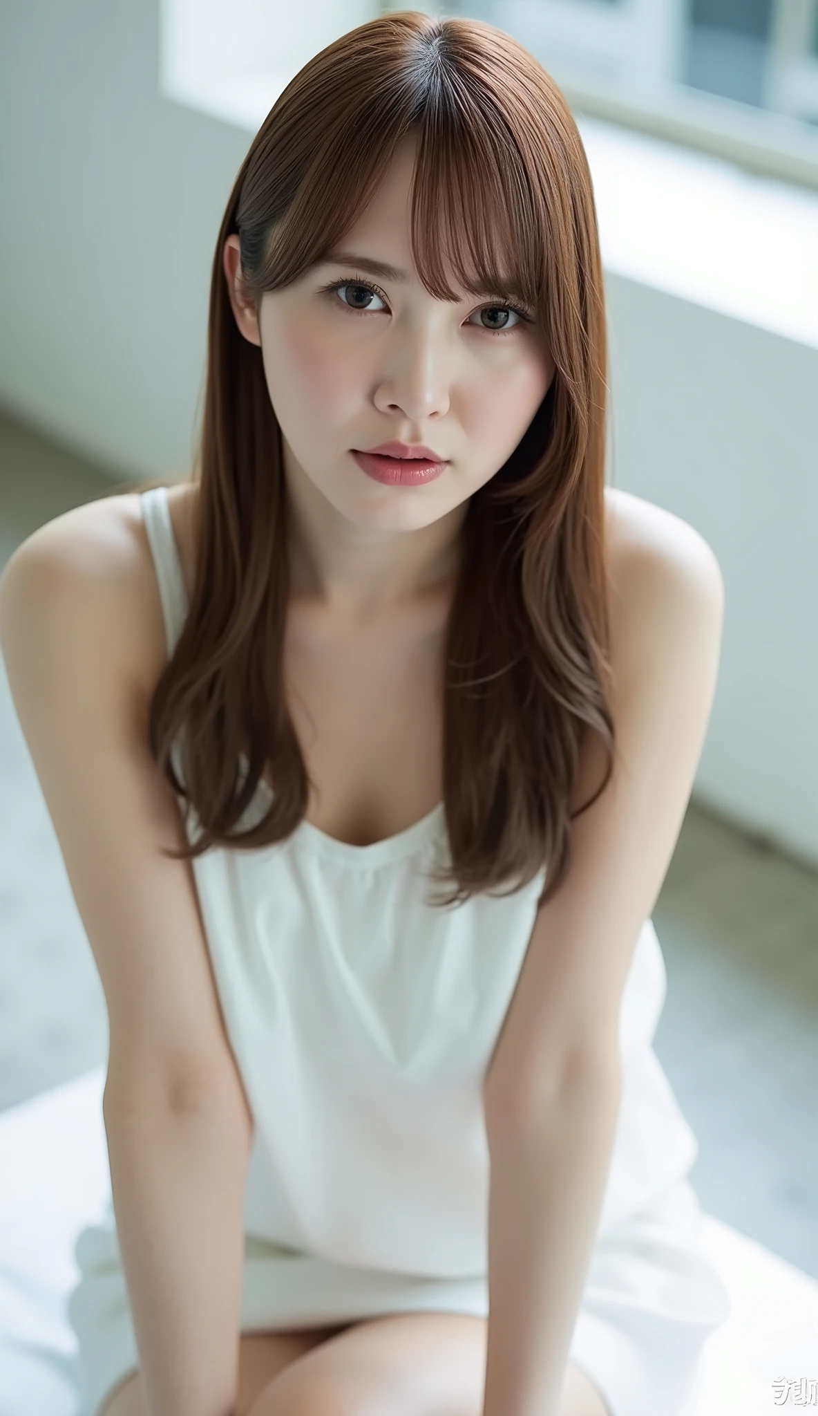 Photorealistic , 8K , ultra-detailed, The image is a portrait of a young Asian woman named katoshi with long brown hair, sitting on a white bench. She is wearing a white sleeveless top. she is looking directly at the camera with a neutral expression. The background is blurred, but it appears to be an indoor space with a concrete floor and white walls. The overall mood of the image is calm and serene.