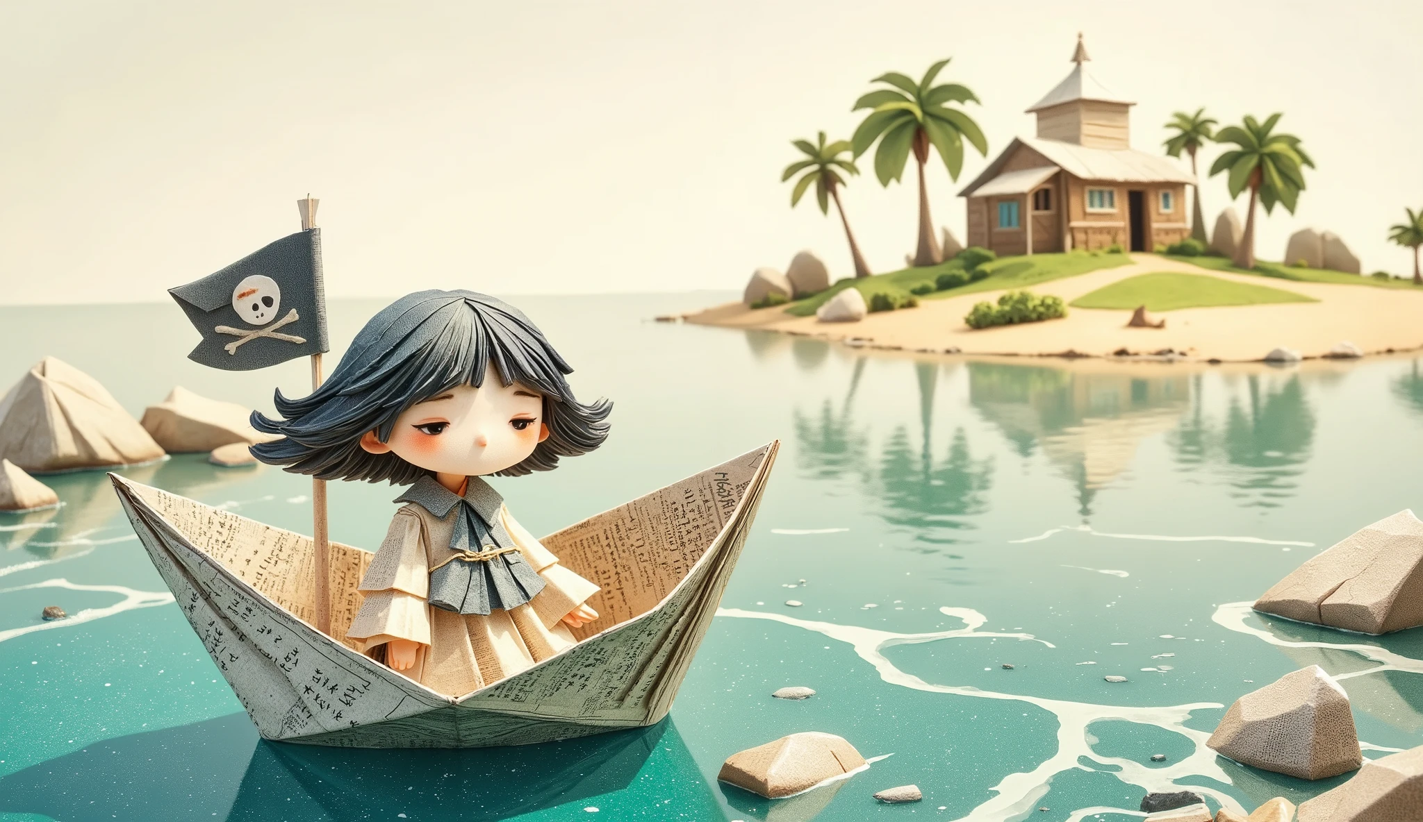whimsical art style, illustration, a girl in a paper boat (origami style), made of newspaper pages, on the boat there is a pirate flag, the boat is on the sea heading towards an island, illustration, whimsical art style, fun image.
