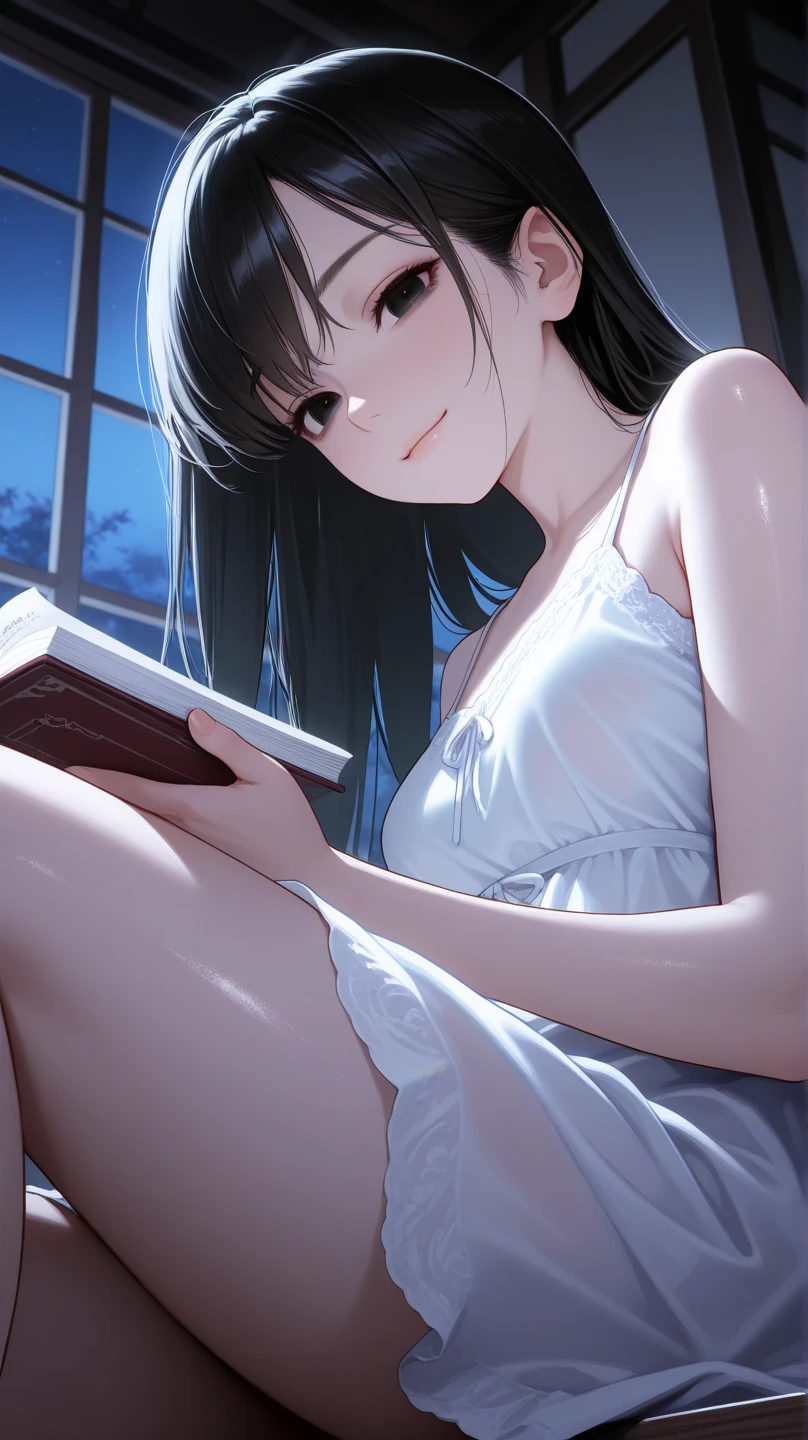 View Viewer,Detailed CG, Ultra-fine illustrations, masterpiece,highest quality, RAW Photos, Realistic,Upper Body,break(White Off Shoulder Blouse:1.5)break, (Pale skin:1.2), Shiny skin, Shiny Hair、(A 26-year-old woman with straight hair and bangs)and(Medium Hair)and(Black Hair)and(Purple eyes) ,(Upturned eyes:1.5)and(smile:1.5)and(Open your mouth),hand on own chest,Biologically correct５refer to,refer toがない,The background is the city,alone,Reading a book,I have a book,MiniskirtAttractive legs,I have a book