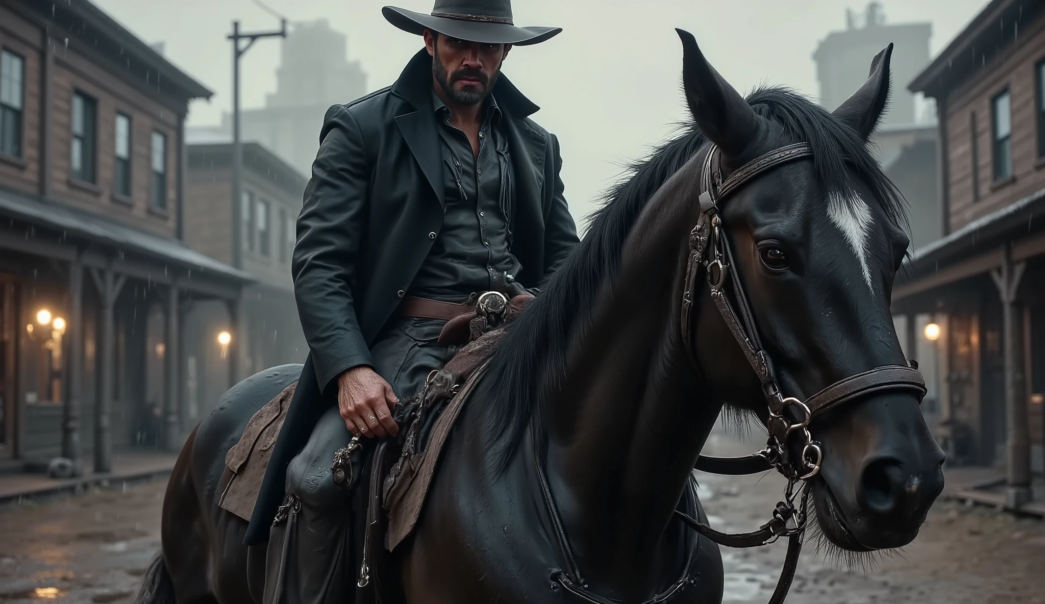 hyper-realistic cinematic in 16:9 aspect ratio: ((a burly cowboy astride his black horse)) Close-up, riding slowly through a deserted old western town in heavy rain. The camera captures an intense close-up focused on the cowboy's upper body and face, his sodden headdress dripping with rainwater and his somber, weather-beaten expression visible beneath the brim. His black horse, partially visible, is wet and muddy, breathing heavily in the cold rain. Dramatic backlighting cuts through the thick fog and storm clouds, creating a glowing silhouette around the cowboy and his steed. Despite the close framing, the blurred background still reveals the muddy dirt roads, battered wooden buildings, reflective puddles and shiny rooftops of the ghost town, preserving the atmospheric setting. Every detail is photorealistic: water dripping from the cowboy's coat, mud splattered on the horse's sides and the damp, rough textures of the abandoned town. A shallow depth of field isolates the cowboy and horse sharply, while the environment fades gently into a cinematic blur. The tone is dark, somber, and resilient, evoking deep emotion and narrative weight. Captured on a vintage film camera with a 35mm lens, featuring authentic cinematic grain, soft earthy colors, smooth lighting transitions, and a powerful cinematic storytelling style.