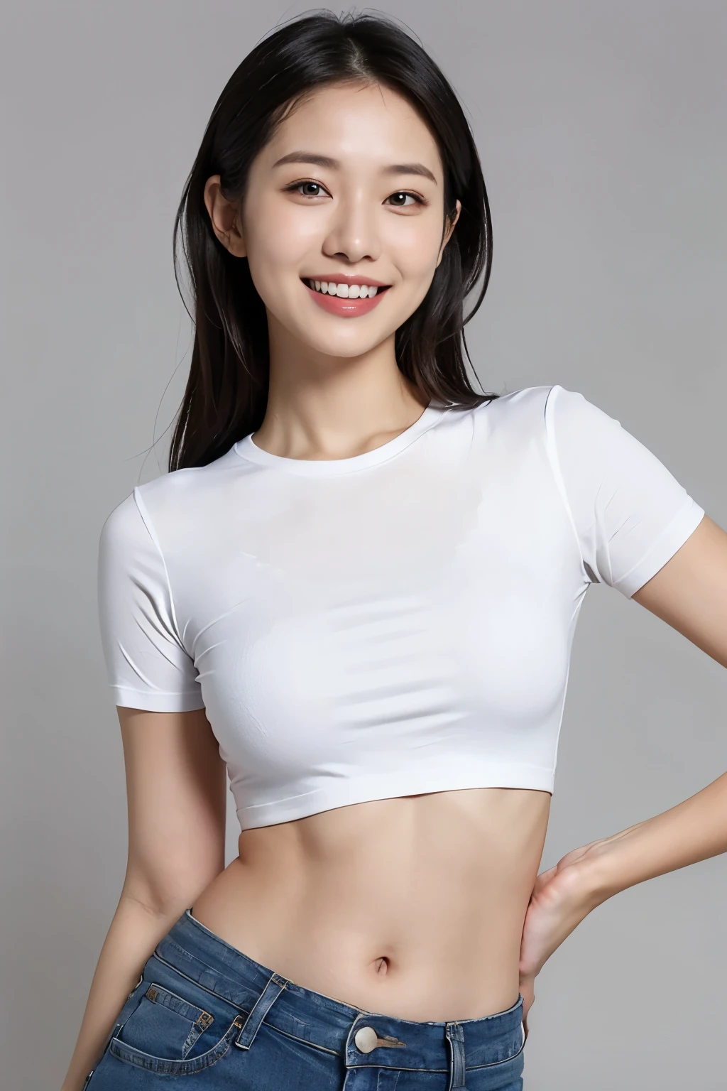a gorgeous lady, age 21, white T-shirt and red mini-skirt, dimpled smile, short ponytail hair, natural pose, photorealistic, beautiful detailed eyes, ample round bosom, hyper-realism, high contrast, ultra HD, realistic skin textures, top image quality, top-quality, super high resolution, fine details, very meticulously, simple yellow background