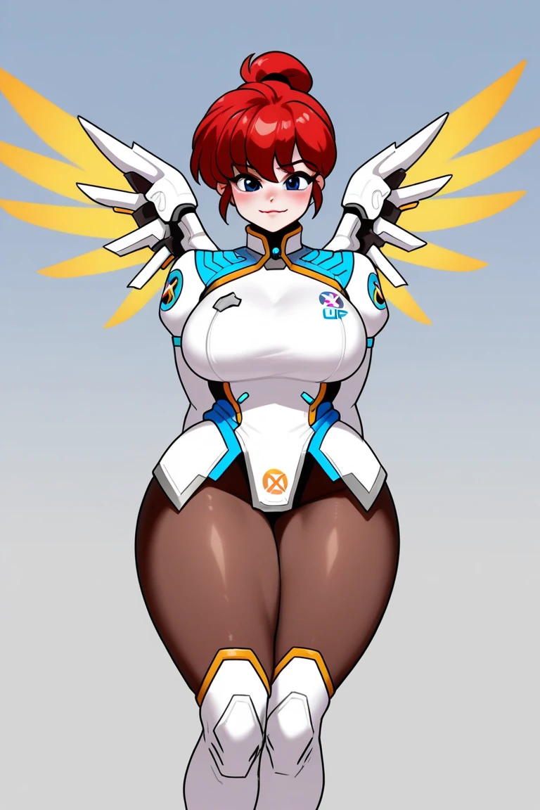 score_9, score_8_up, score_7_up, score_6_up, score_5_up, score_4_up, solo, ((mercy from overwatch)), mature woman, ((white blonde ash hair)), big thick full lips, ((pouted lips)), blue eyes, ((squinting soulful eyes)), dark colored eye shadow, ((mature woman)), ((full body)), ((NSFW)), sexy, seductive, alluring, wings, ((gigantic breasts)), sagging breasts, big nipples, wide hips, thick thighs, huge ass, standing