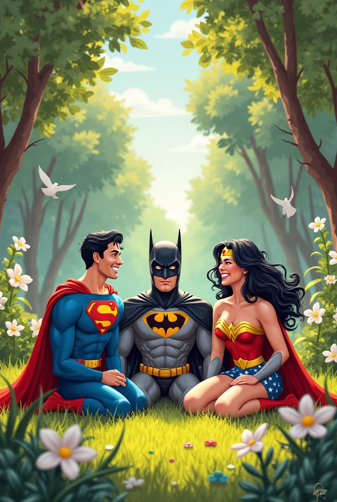 Different animals and famous super heroes chracter in one pena flex HD light green color and plants in background. Picture size 21.5 feet length and 7.4 feet height
