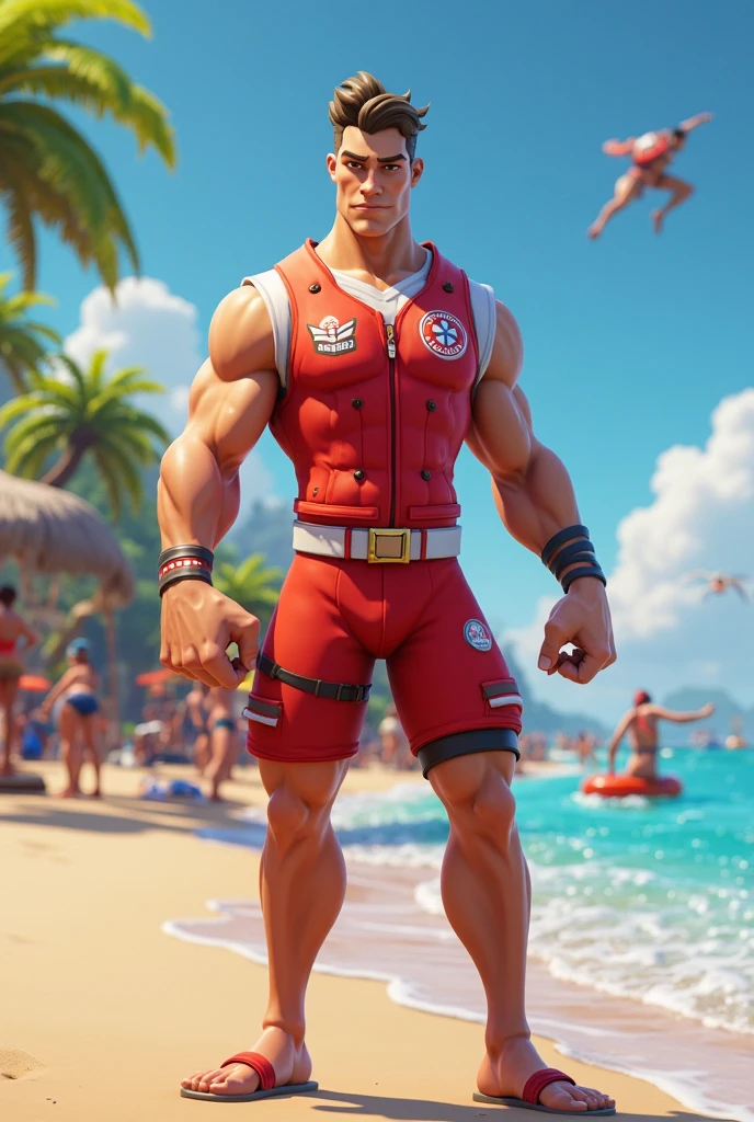 （tmasterpiece，best qualtiy：1.2），solo，malefocus，1boy，Iskandar，Mature male，big muscular male，Large muscles，looking at viewert，both hands on hip，(((Red lingerie)))，Thick thighs，on beach，Red body hair，